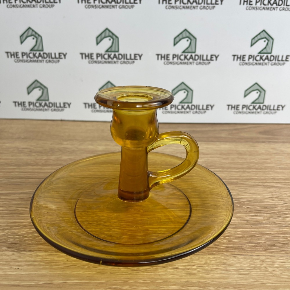Amber Glass Chamberstick Candle Holder Finger Loop Saucer Base Vintage